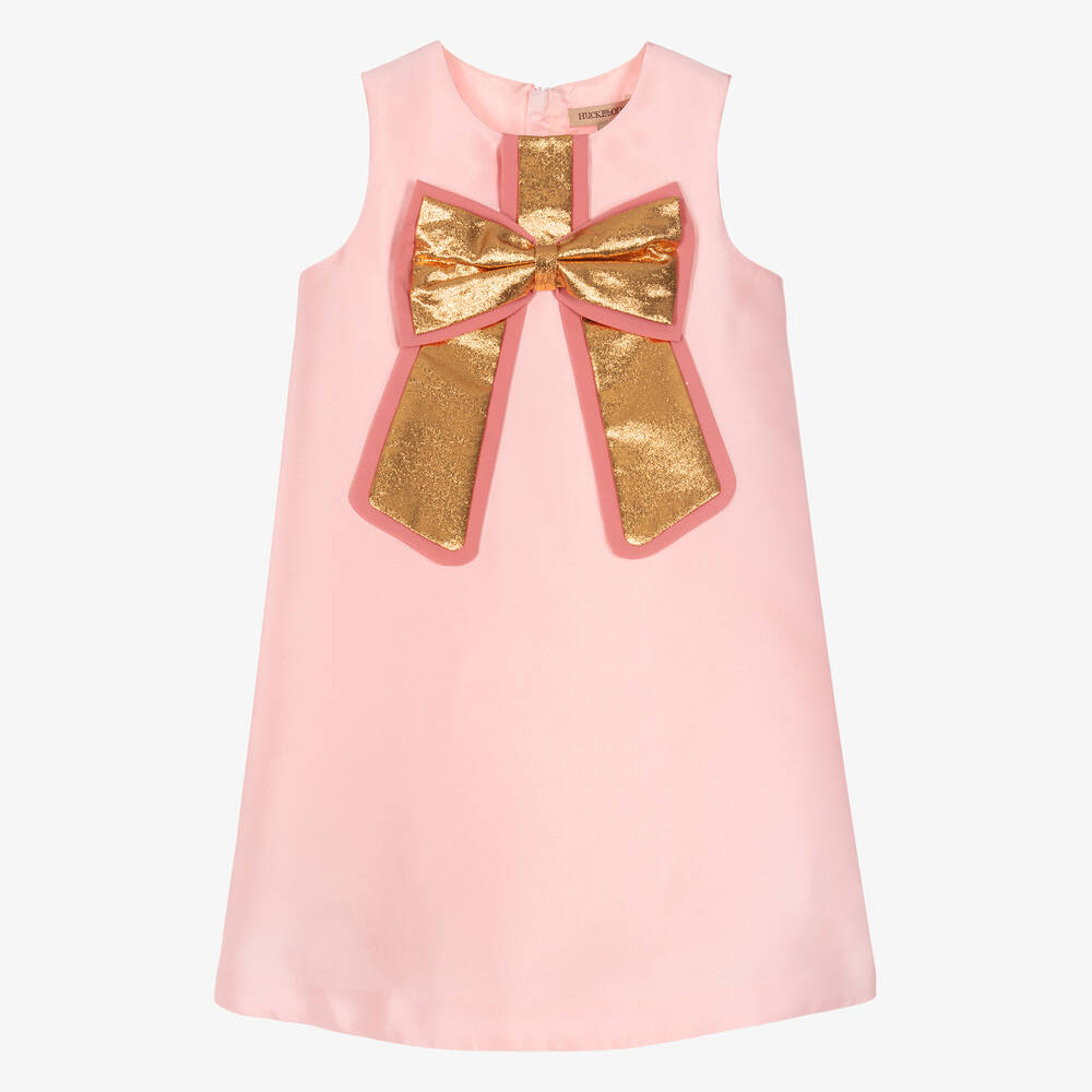 Hucklebones London - Girls Pink Satin & Gold Bow Dress | Childrensalon
