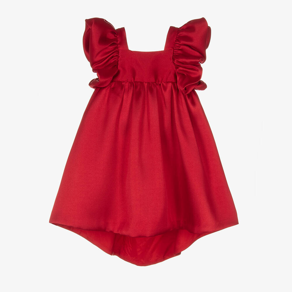 Hucklebones London - Girls Red Satin Ruffle Sleeve Dress | Childrensalon