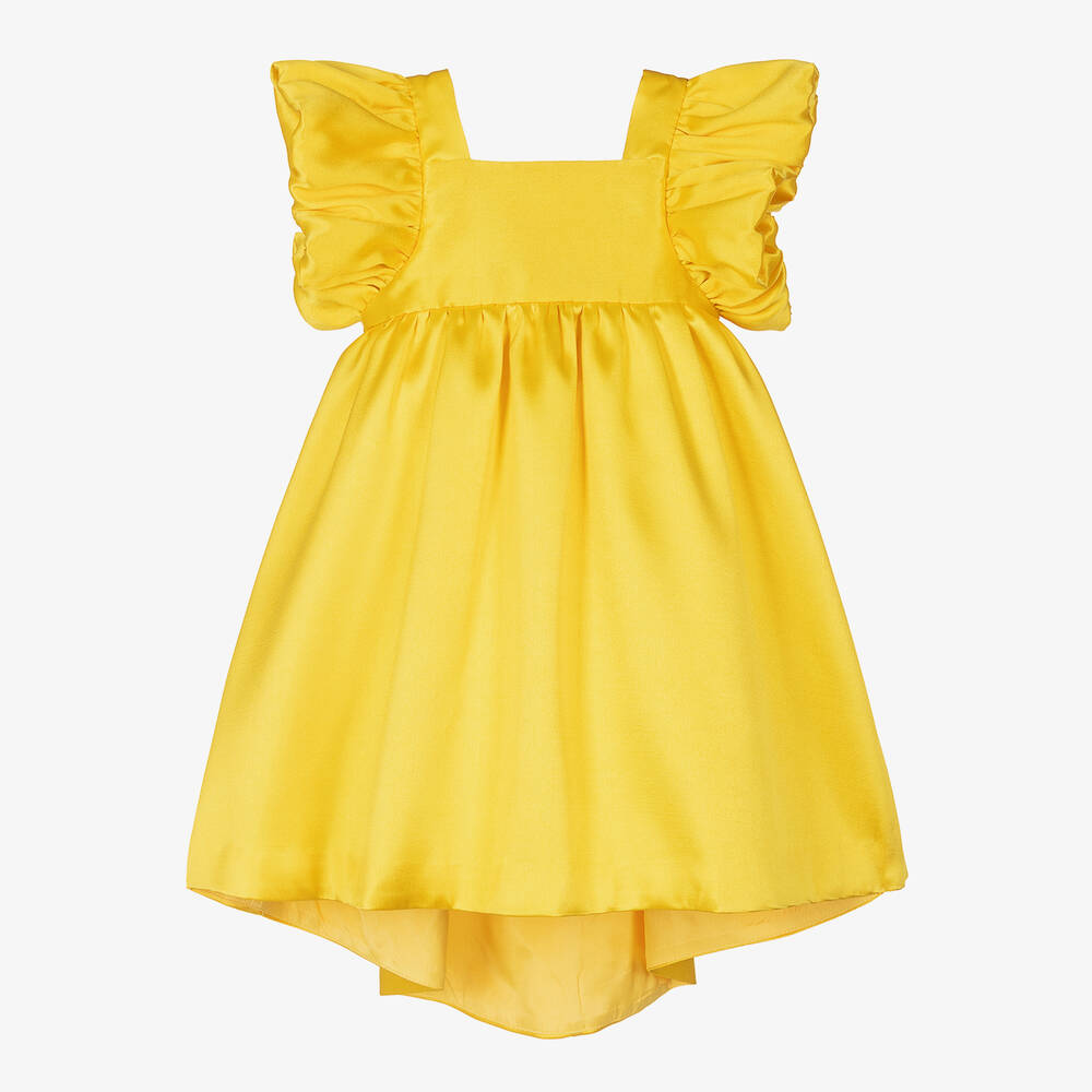 Hucklebones London - Girls Yellow Satin Dip Hem Dress | Childrensalon