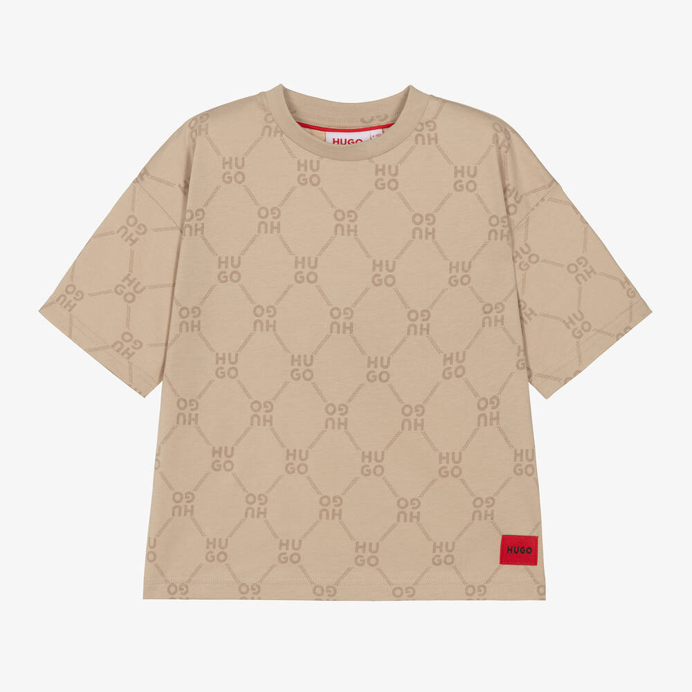 HUGO - Boys Beige Monogram Cotton T-Shirt | Childrensalon