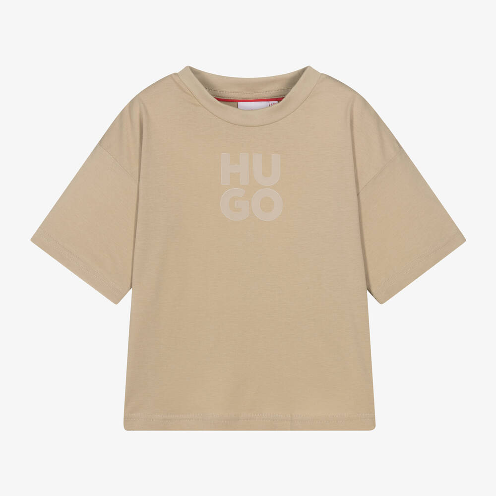 HUGO - Boys Beige Organic Cotton Stacked Logo T-Shirt | Childrensalon