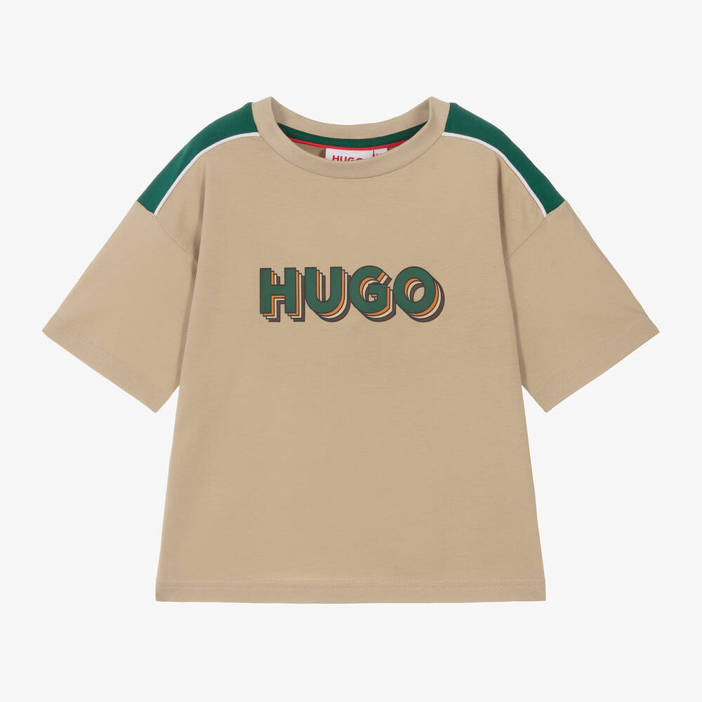 HUGO - Boys Beige Organic Cotton T-Shirt | Childrensalon