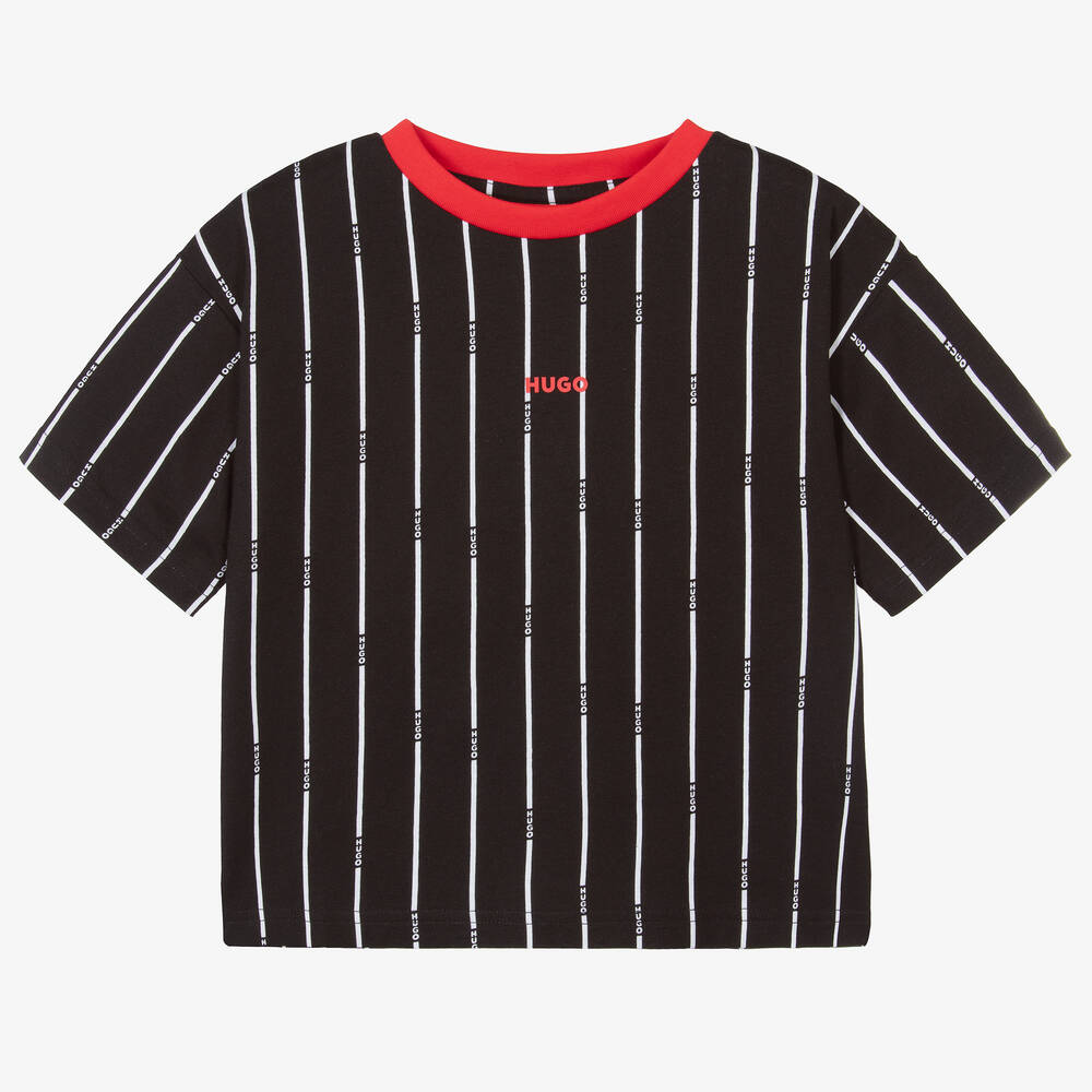 HUGO - Boys Black Cotton Striped T-Shirt | Childrensalon