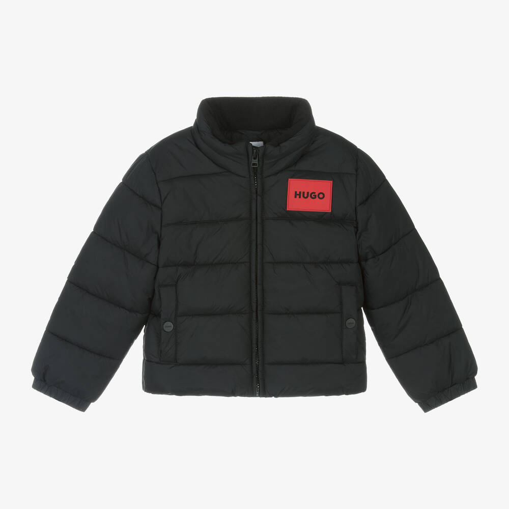 HUGO - Boys Black Hooded Puffer Jacket | Childrensalon