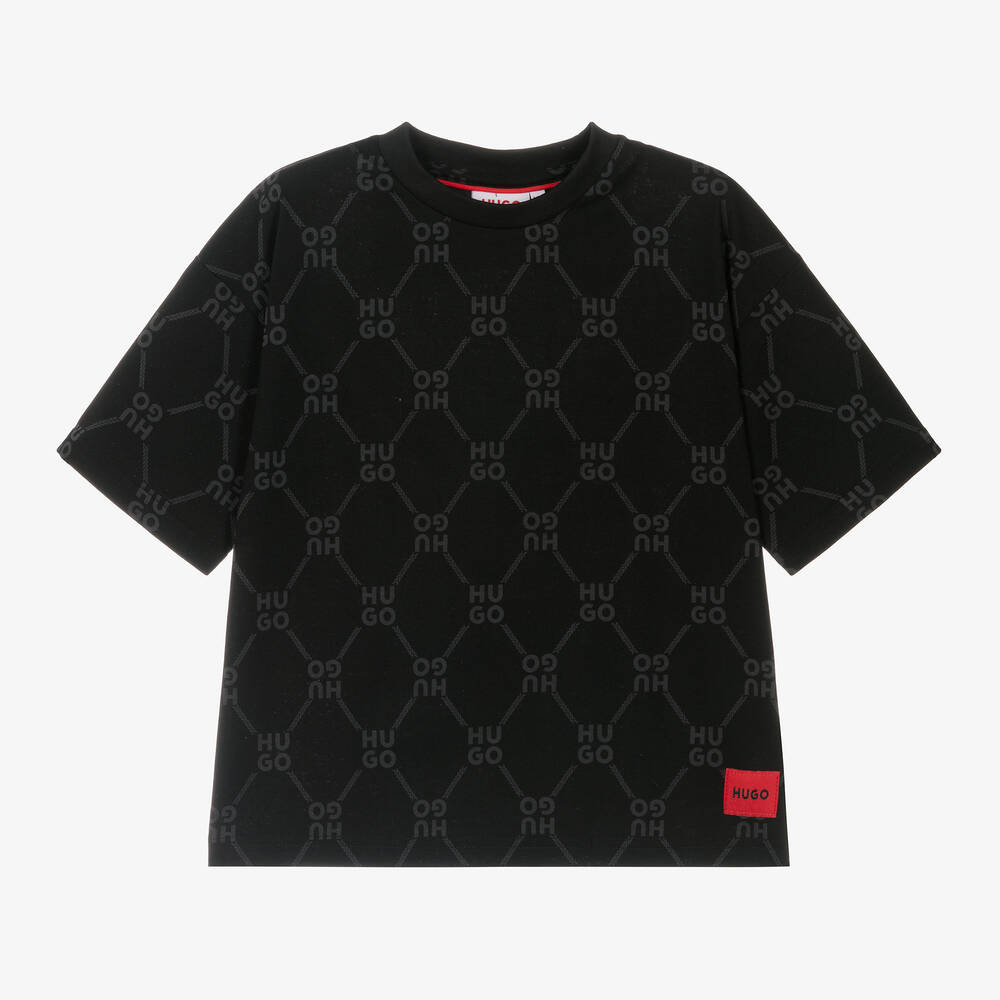 HUGO - Boys Black Monogram Cotton T-Shirt | Childrensalon