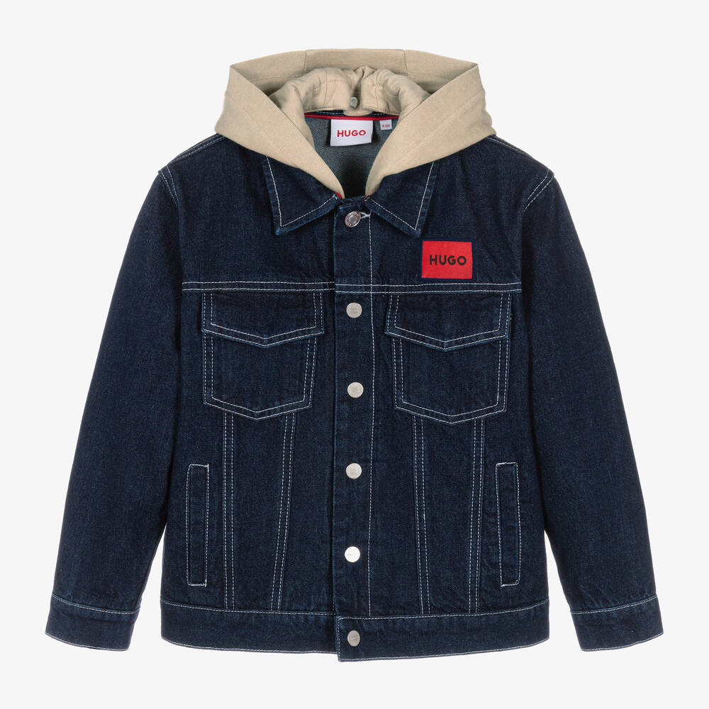 HUGO - Boys Blue Denim Hooded Jacket | Childrensalon