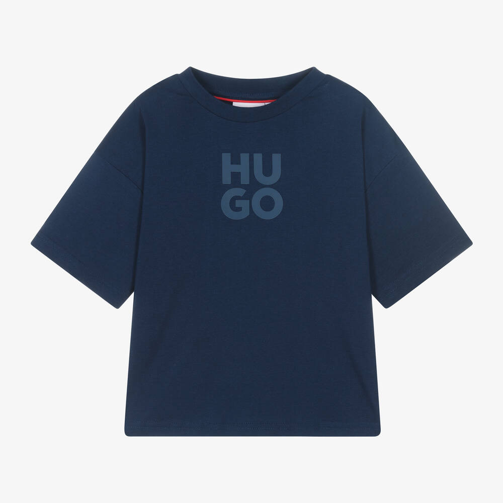 HUGO - Boys Blue Organic Cotton Stacked Logo T-Shirt | Childrensalon