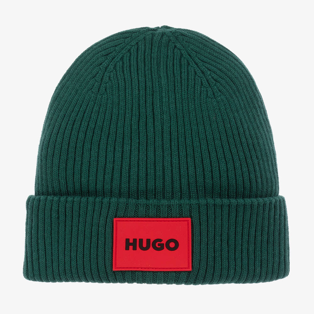 HUGO - Boys Green Cotton Knit Beanie Hat | Childrensalon