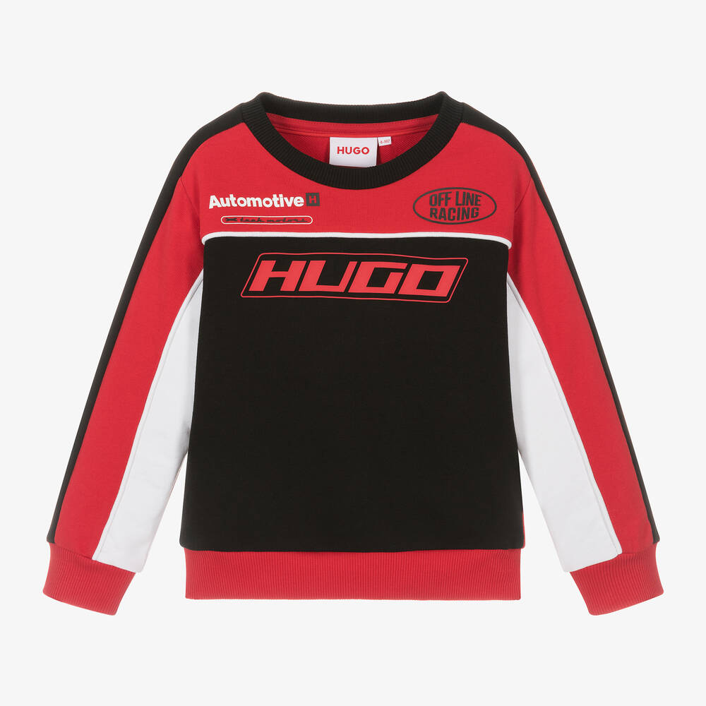 HUGO - سويتشيرت قطن عضوي جيرسي لون أسود وأحمر للأولاد | Childrensalon