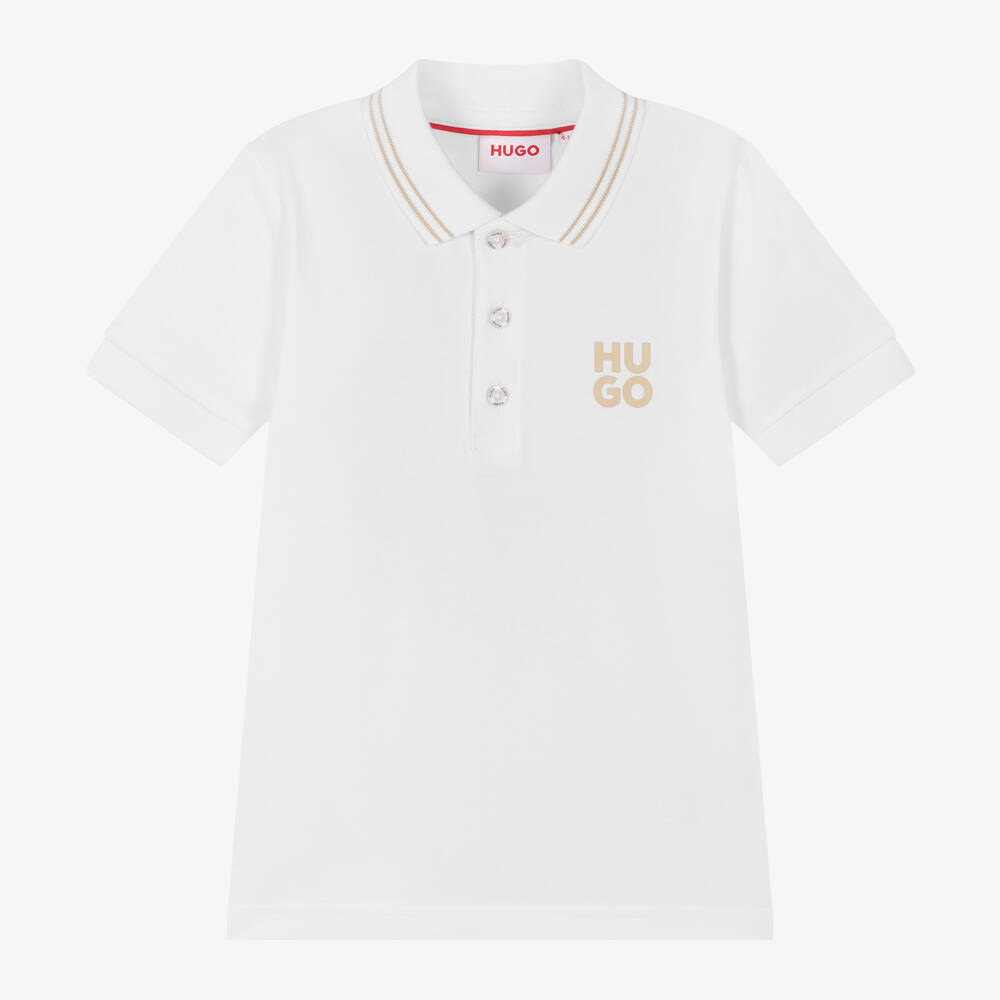 HUGO - Boys White Cotton Polo Shirt | Childrensalon