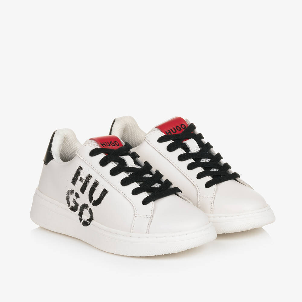 HUGO - Boys White Leather Lace-Up Trainers | Childrensalon