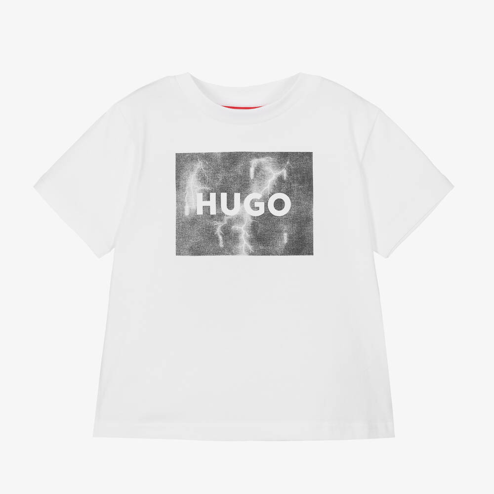 HUGO -  Boys White Lightning Cotton T-Shirt | Childrensalon