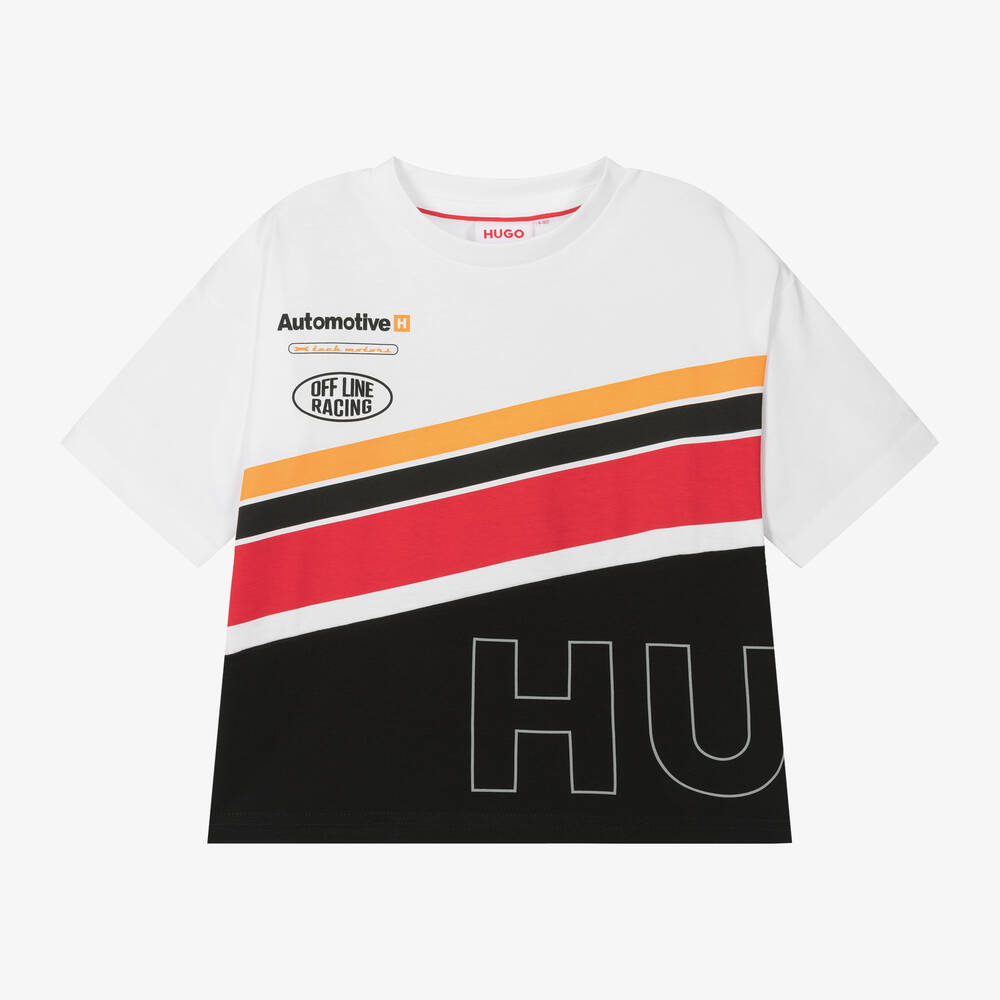 HUGO - Boys White Racing Cotton T-Shirt | Childrensalon
