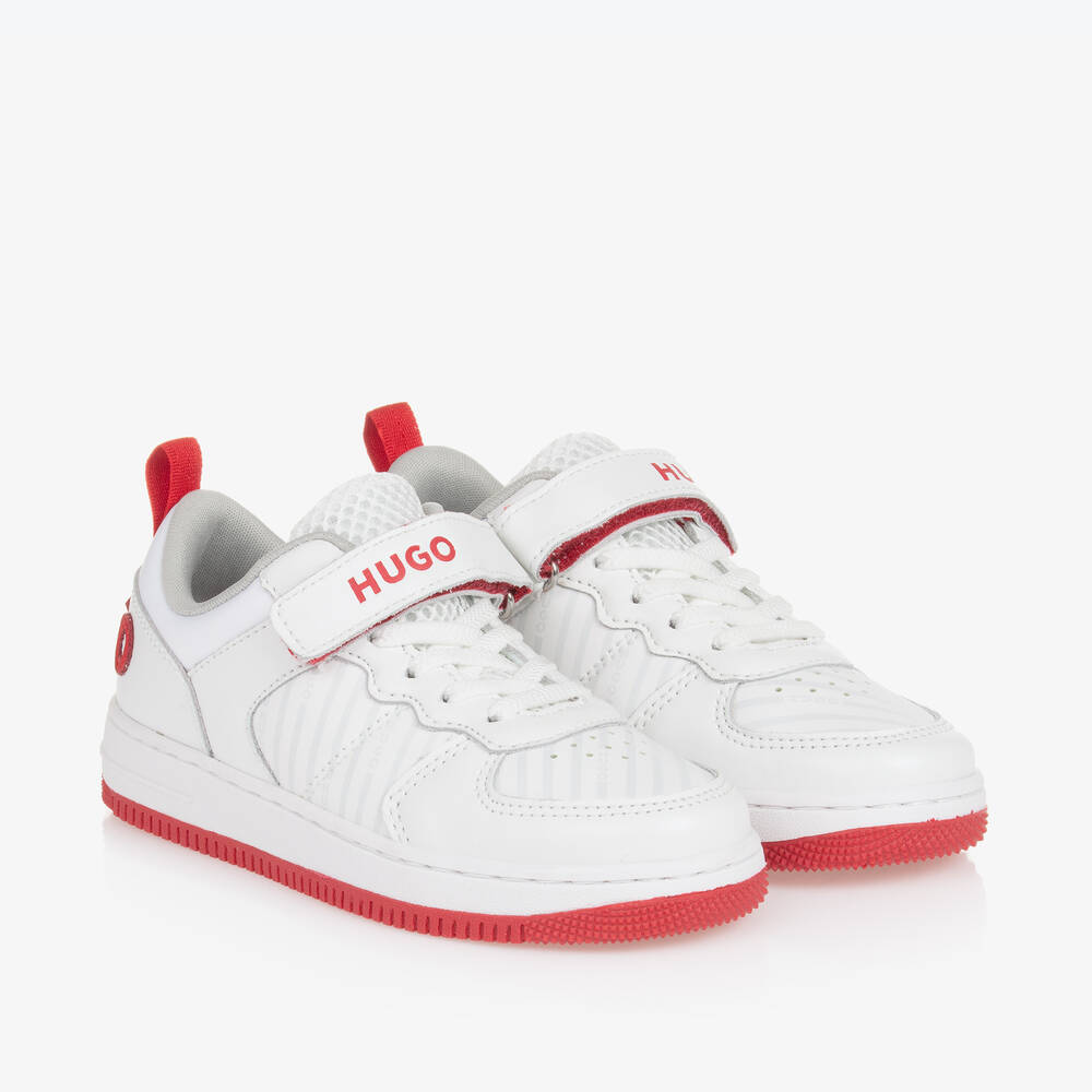 HUGO - Boys White & Red Leather Trainers | Childrensalon
