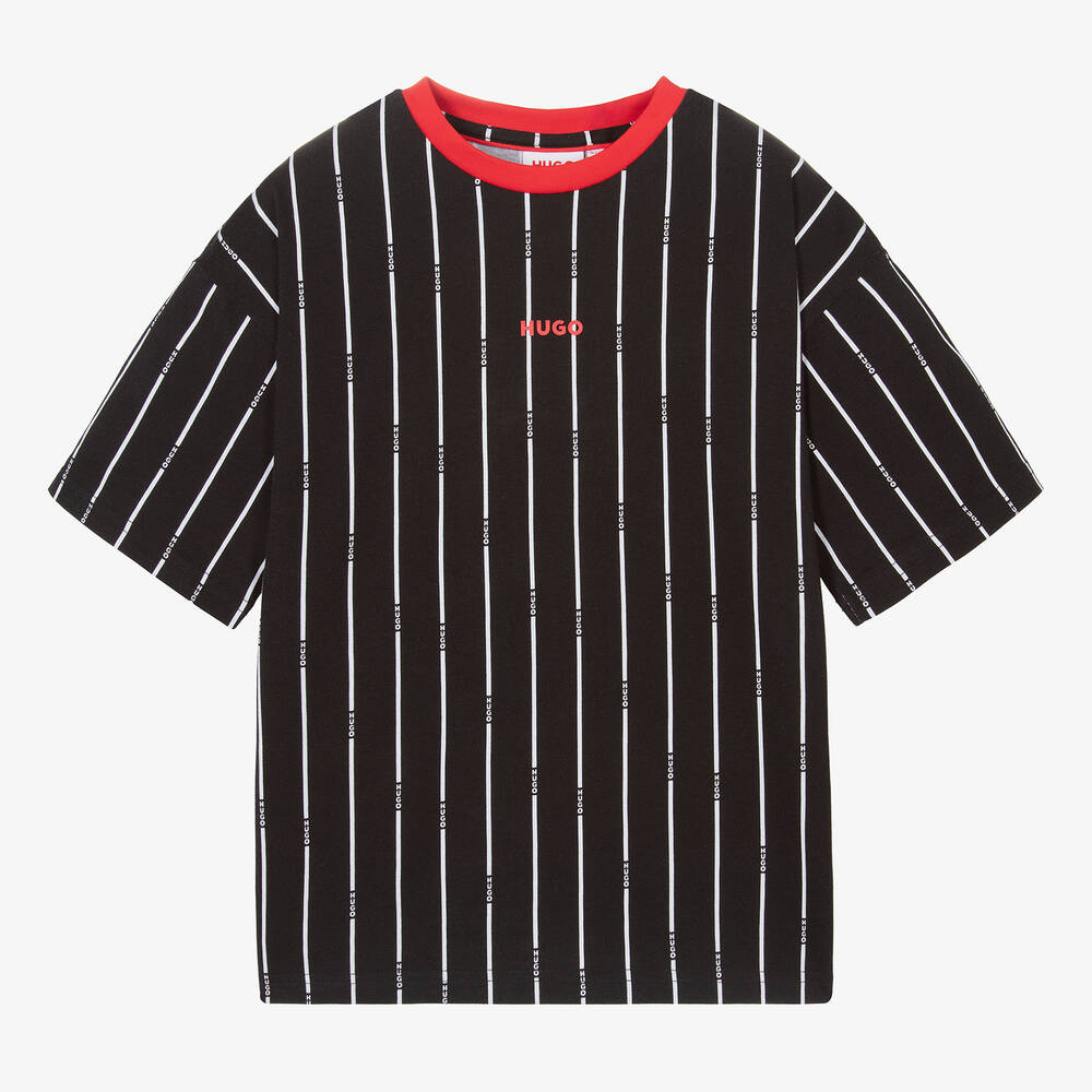 HUGO - Teen Boys Black Cotton Striped T-Shirt | Childrensalon
