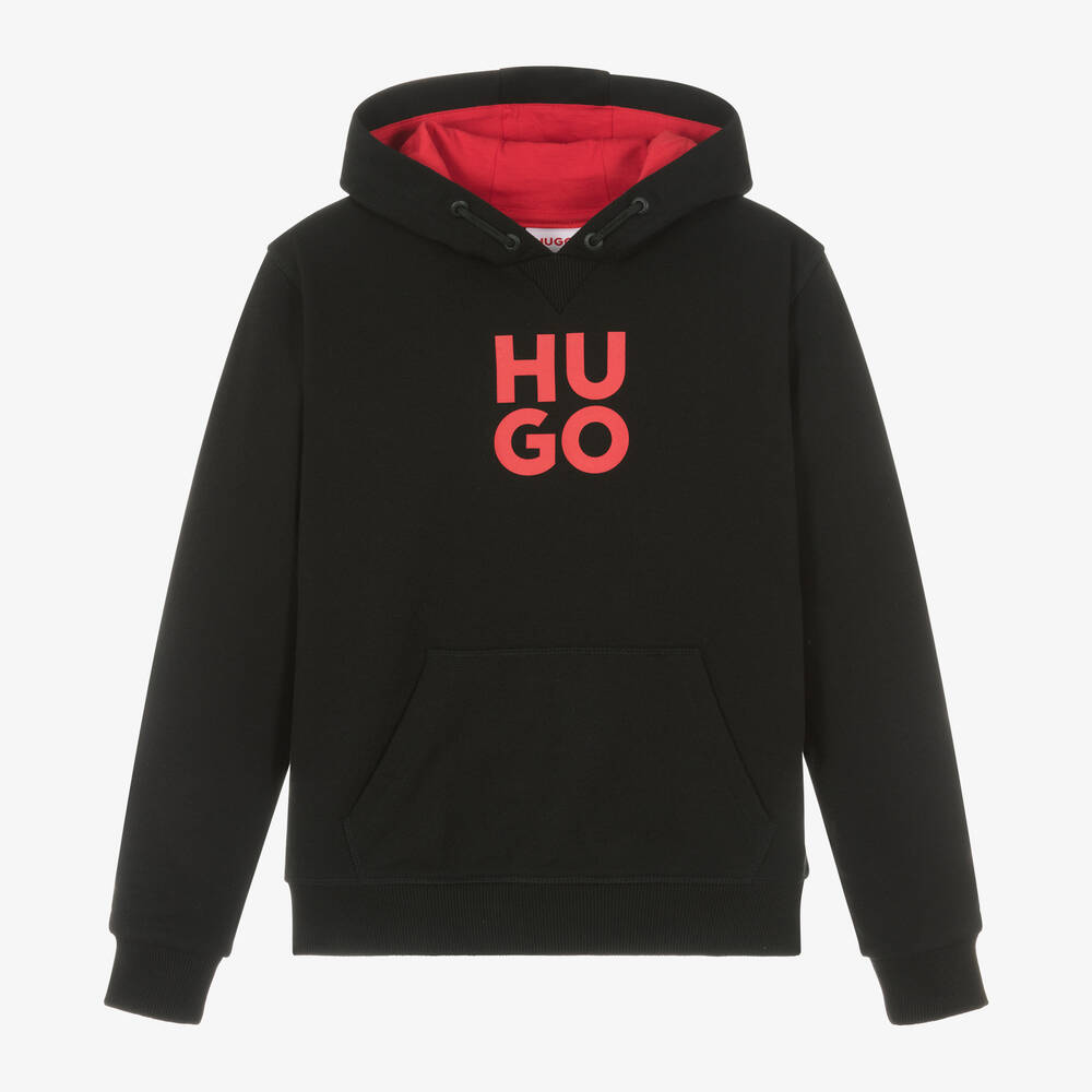 HUGO HUGO TEEN BOYS BLACK ORGANIC COTTON HOODIE