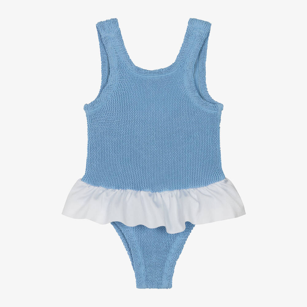 Hunza G - Girls Blue Frill Crinkle Swimsuit | Childrensalon