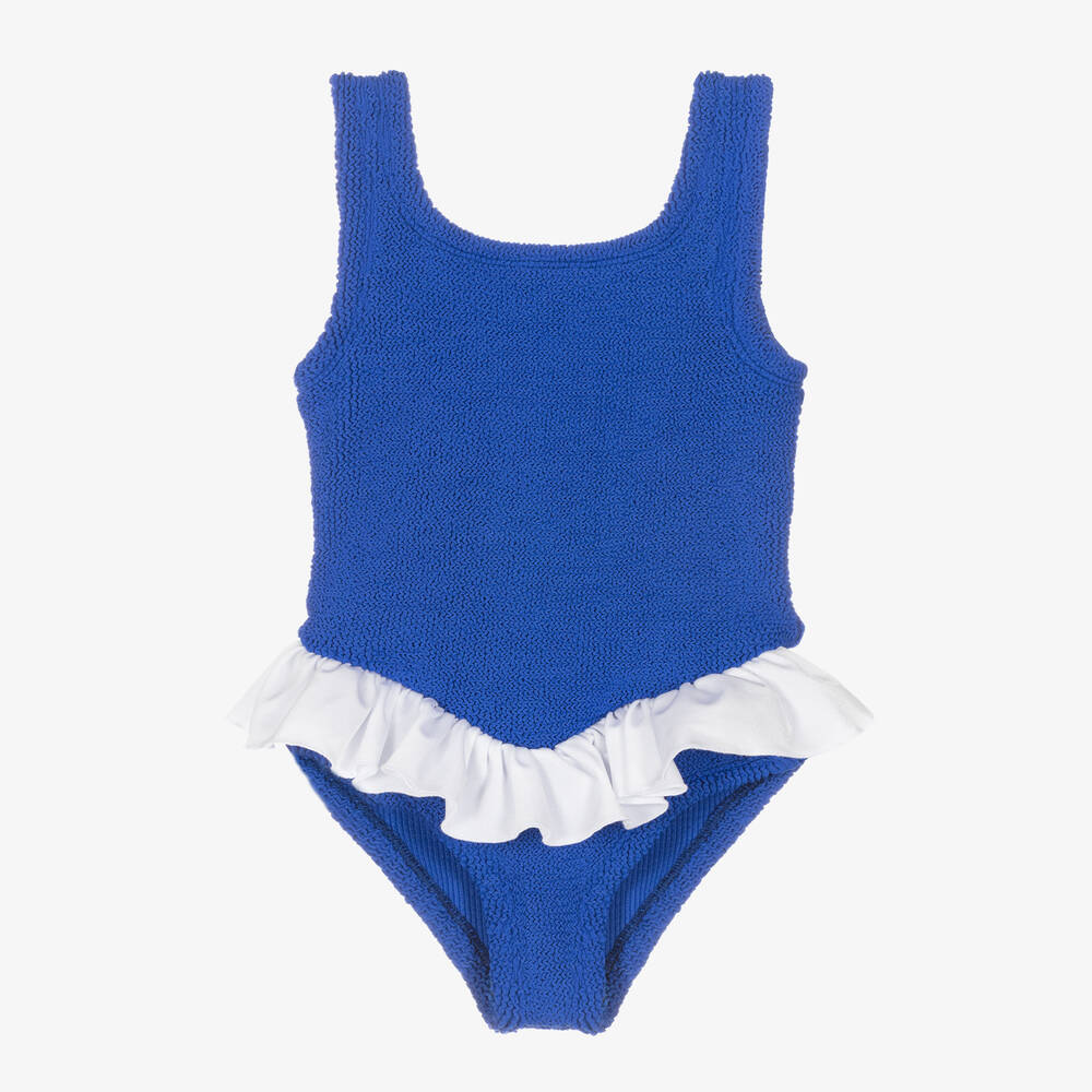 Hunza G - Girls Blue & White Crinkle Frill Swimsuit | Childrensalon