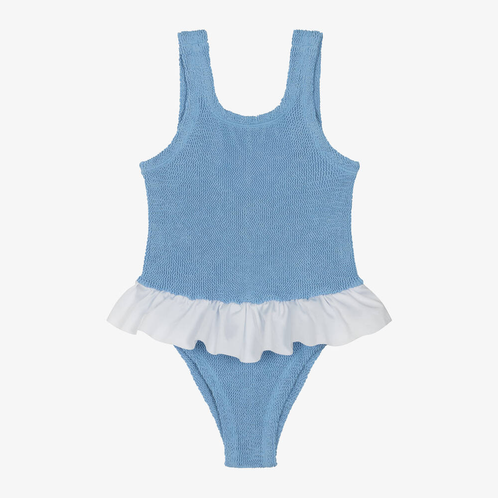 Hunza G - Girls Blue & White Frill Crinkle Swimsuit | Childrensalon