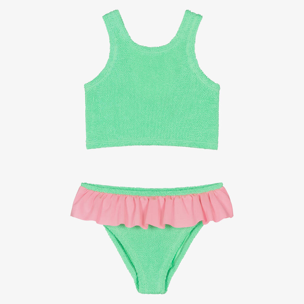 Hunza G - Girls Green & Pink Crinkle Frill Bikini | Childrensalon