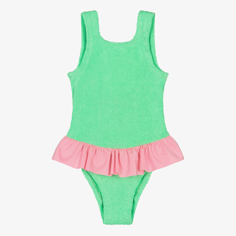 Hunza G - Girls Green Ruffle Crinkle Swimsuit | Childrensalon