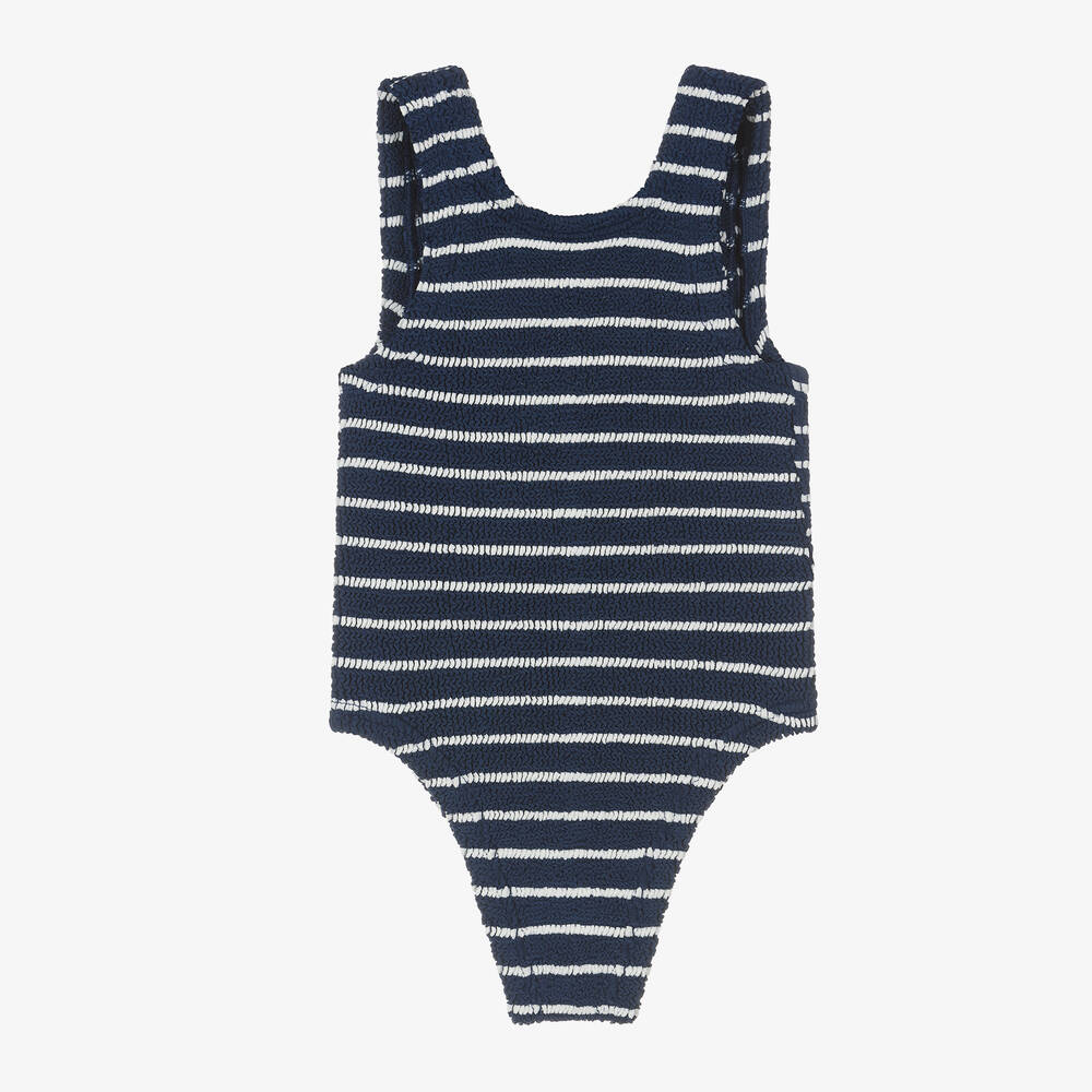 Hunza G - Girls Navy Blue Stripe Crinkle Swimsuit | Childrensalon