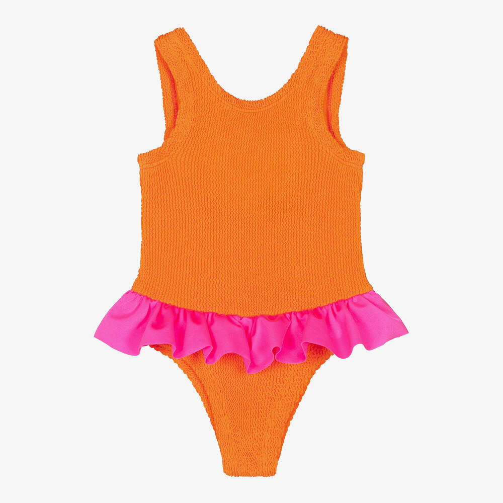 Hunza G - Girls Orange Ruffle Crinkle Swimsuit | Childrensalon