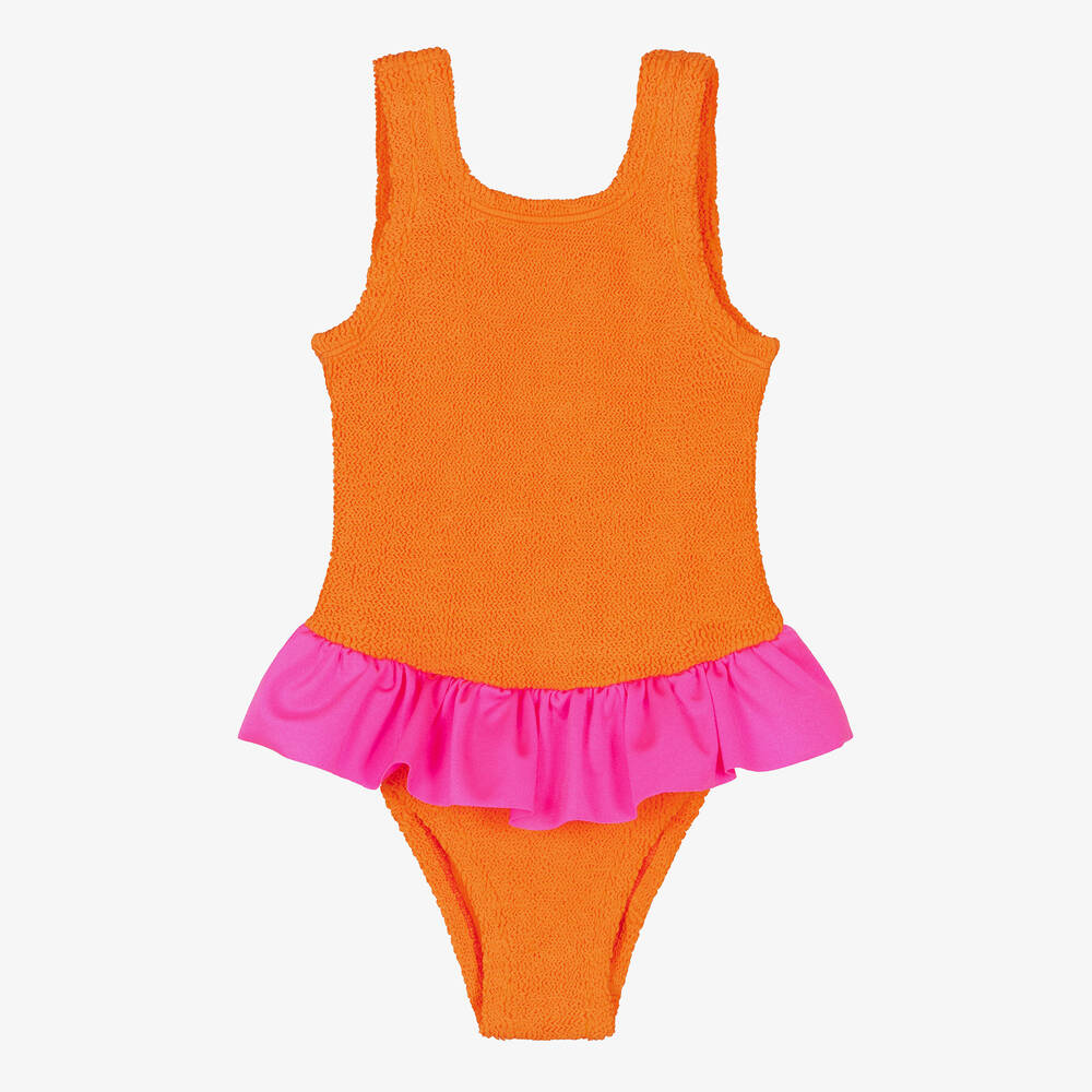 Hunza G - Girls Orange Ruffle Crinkle Swimsuit | Childrensalon
