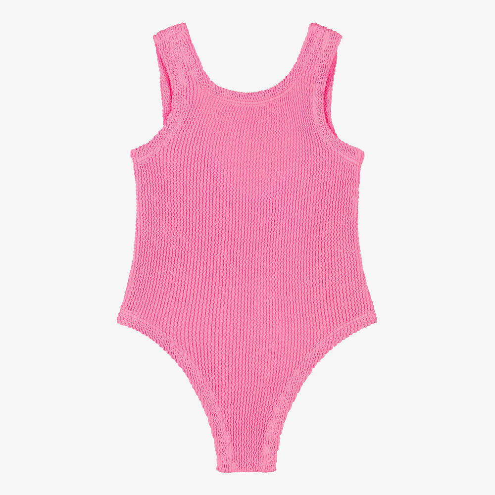 Hunza G - Girls Pink Bow Crinkle Swimsuit | Childrensalon