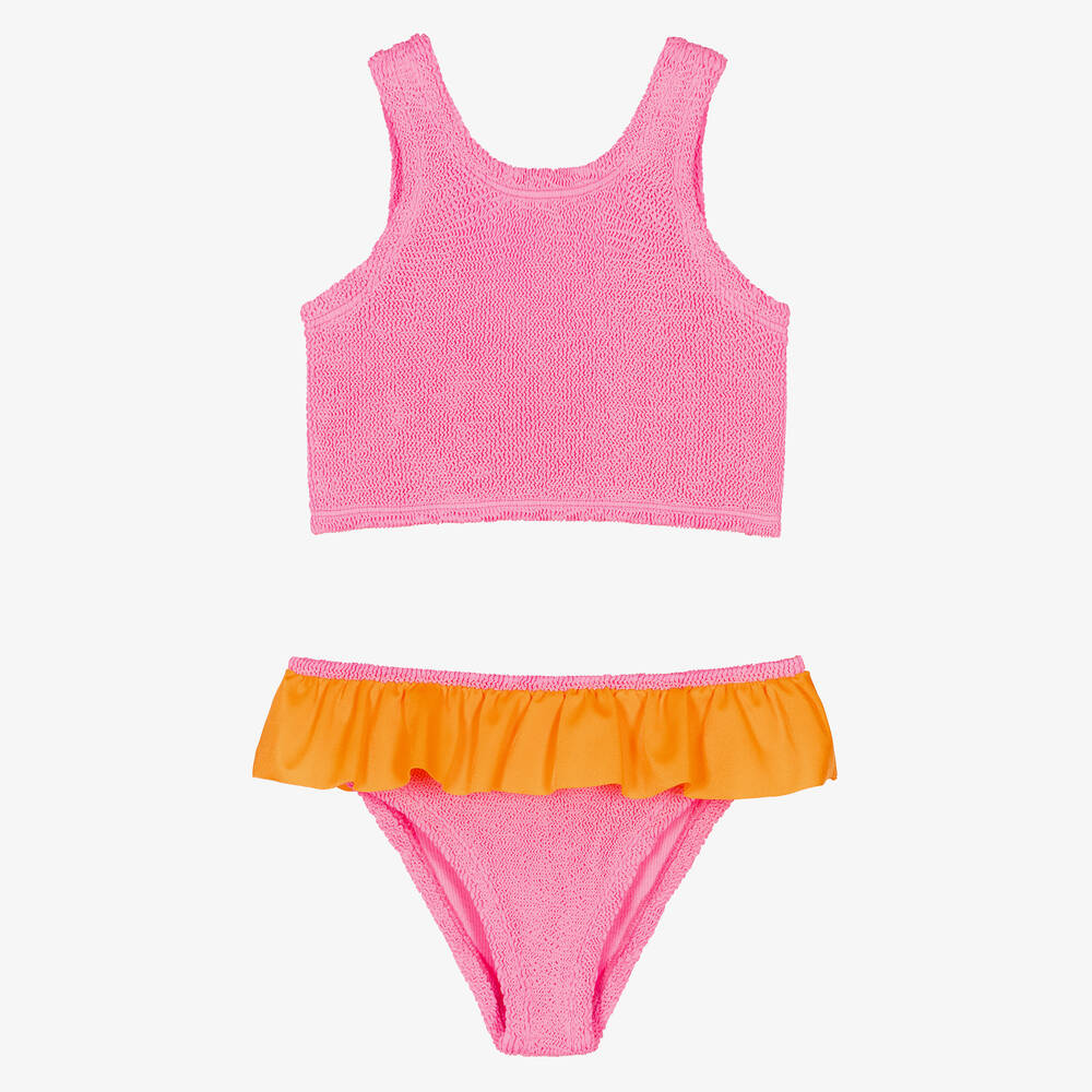 Hunza G - Girls Pink & Orange Crinkle Frill Bikini | Childrensalon