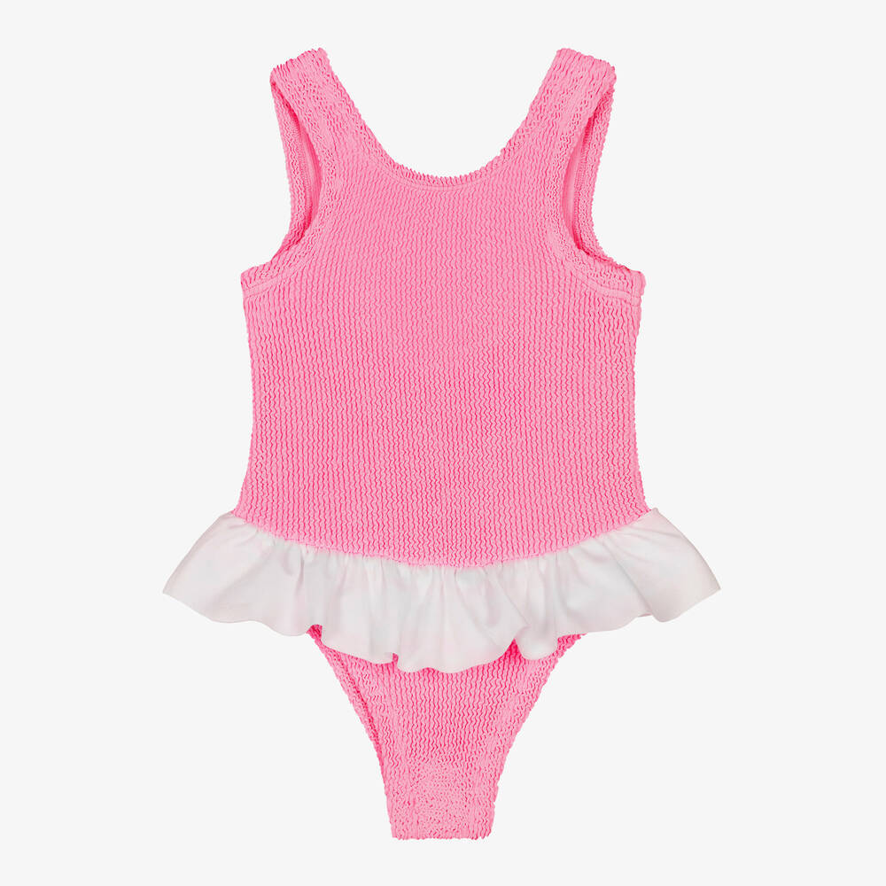 Hunza G - Girls Pink Ruffle Crinkle Swimsuit | Childrensalon