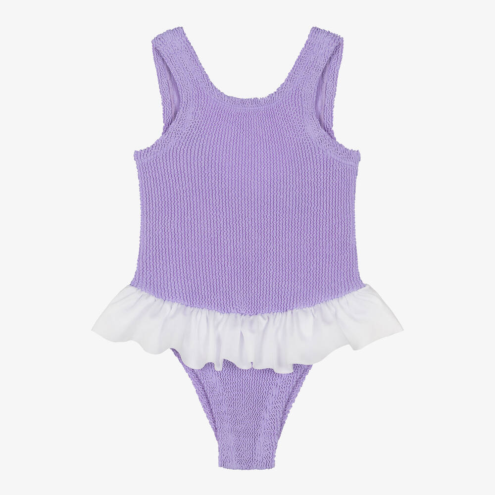 Hunza G - Girls Purple Ruffle Crinkle Swimsuit | Childrensalon
