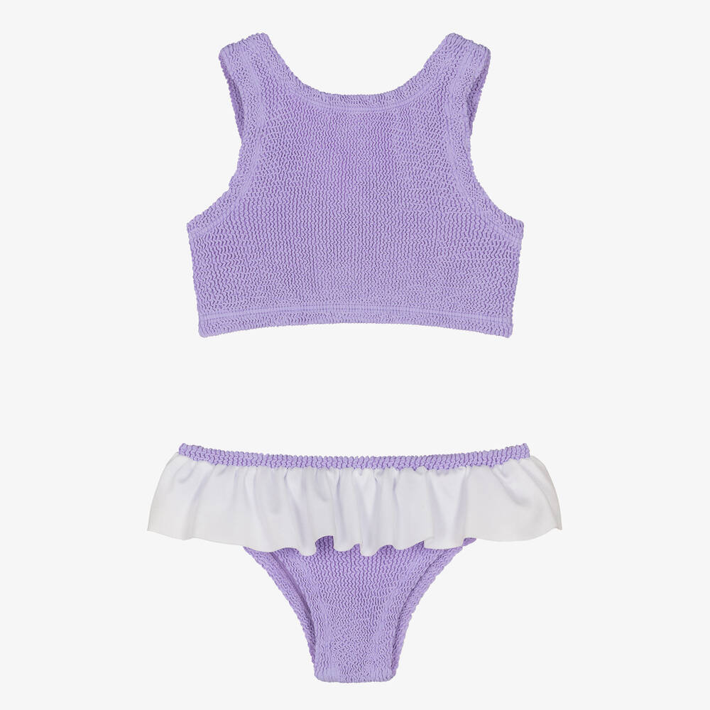 Hunza G - Girls Purple & White Crinkle Frill Bikini | Childrensalon