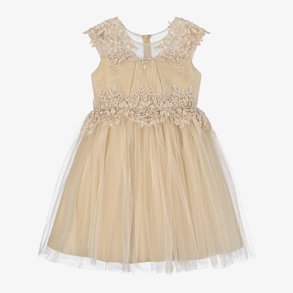 Shop Iame Girls Beige Embroidered Tulle Dress