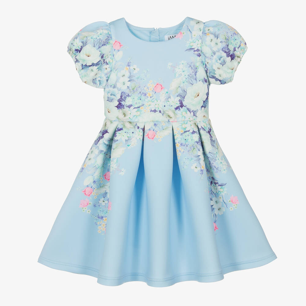 iAMe - Girls Blue Floral Scuba Jersey Dress | Childrensalon