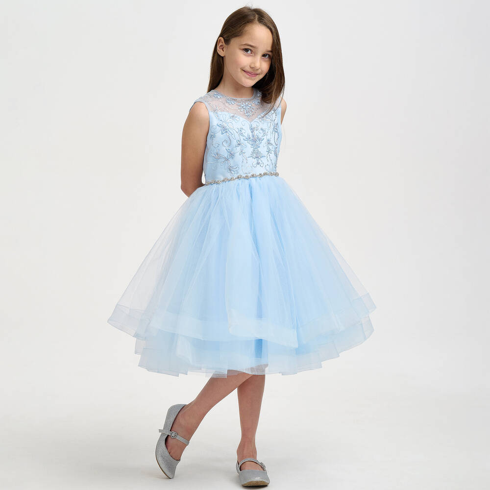 iAMe-Girls Blue Floral Tulle Dress | Childrensalon