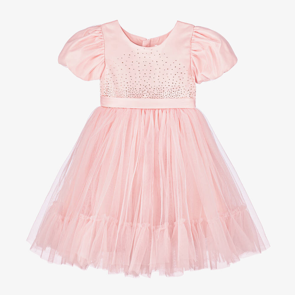 iAMe - Girls Pink Satin & Tulle Diamanté Dress | Childrensalon
