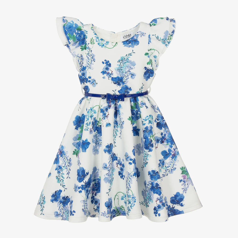 iAMe - Girls White Floral Scuba Jersey Dress | Childrensalon