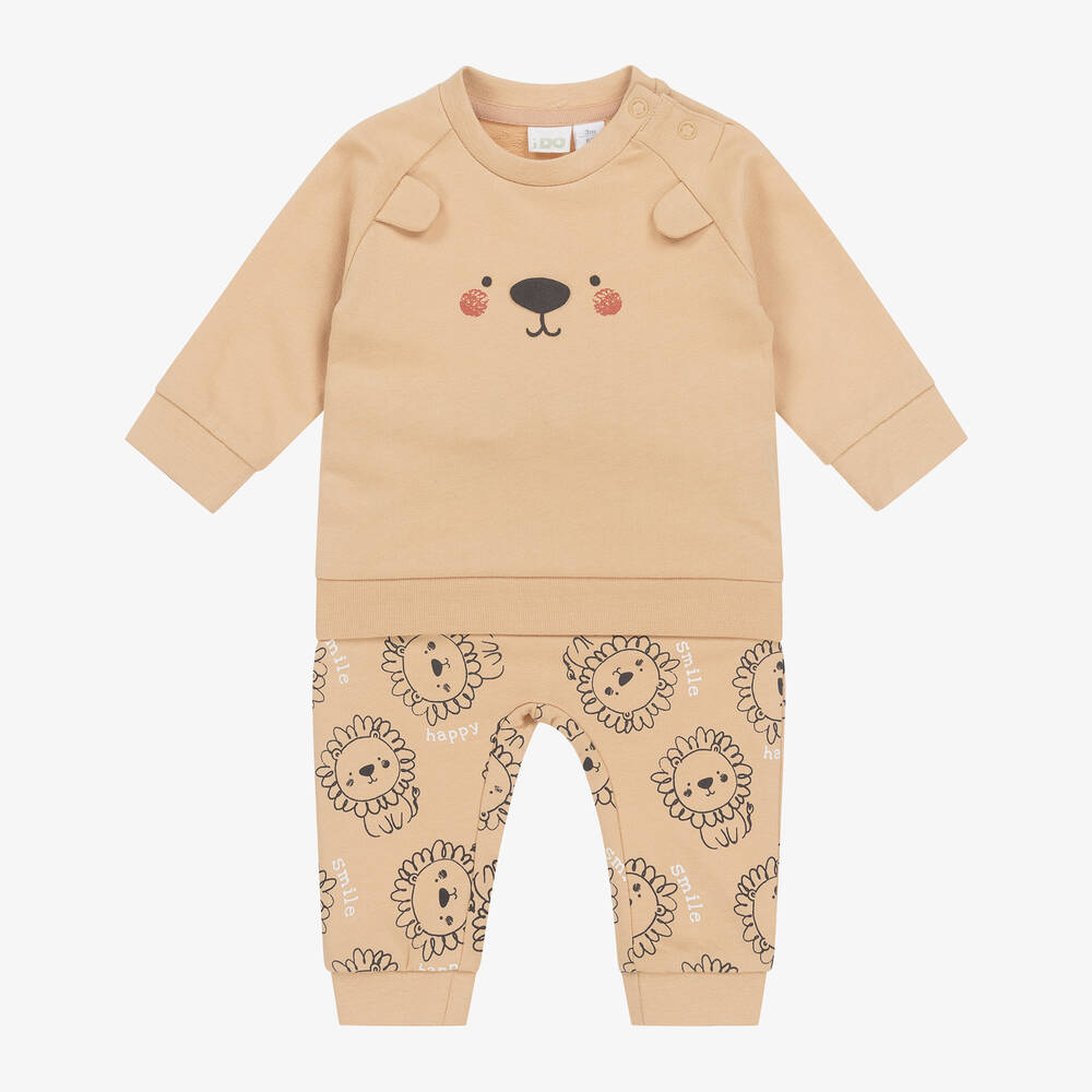 Shop Ido Mini Baby Boys Beige Cotton Lion Tracksuit
