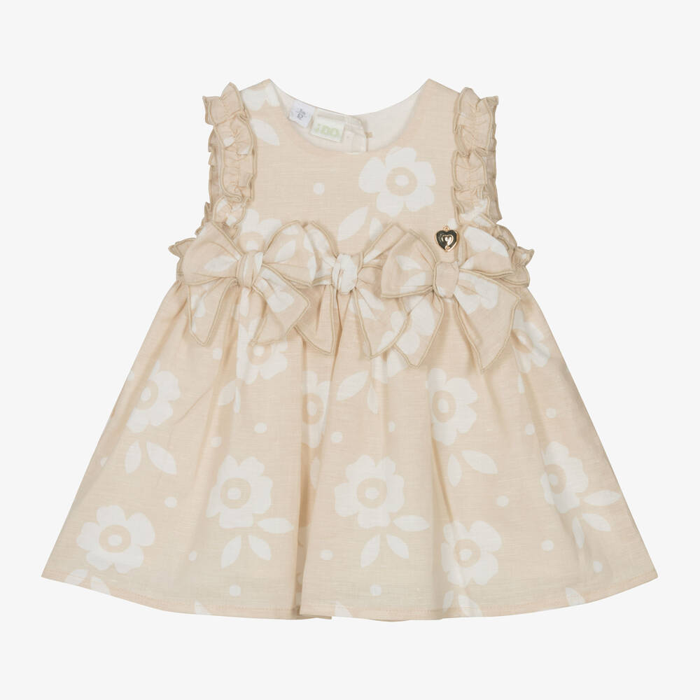 Shop Ido Mini Baby Girls Beige Floral Linen Dress