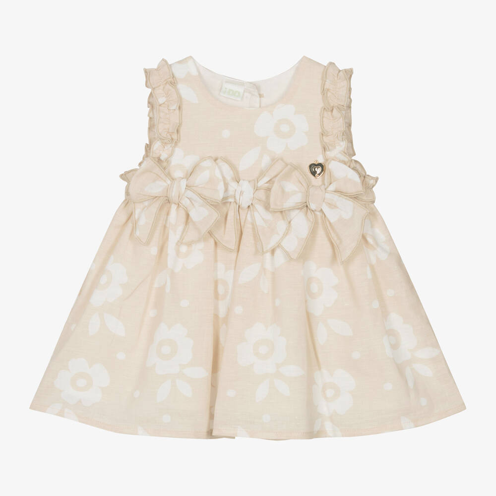 iDO Mini - فستان قطن وكتان لون بيج بطبعة ورود للمولودات | Childrensalon