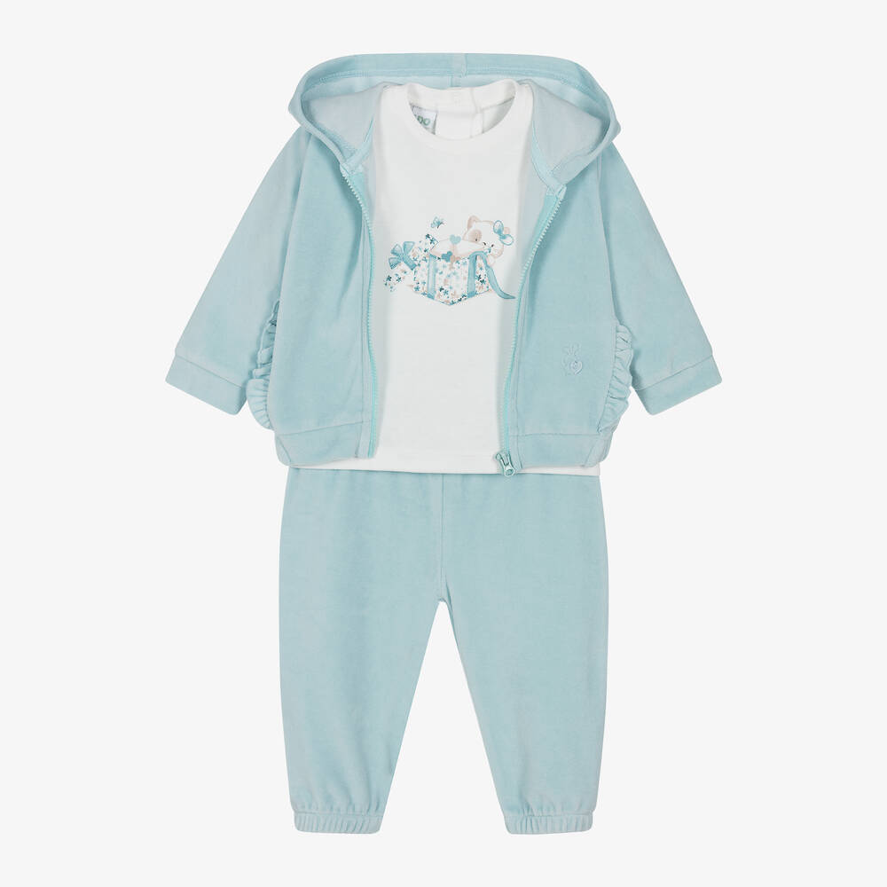 iDO Mini - Baby Girls Blue Velour Tracksuit Set | Childrensalon