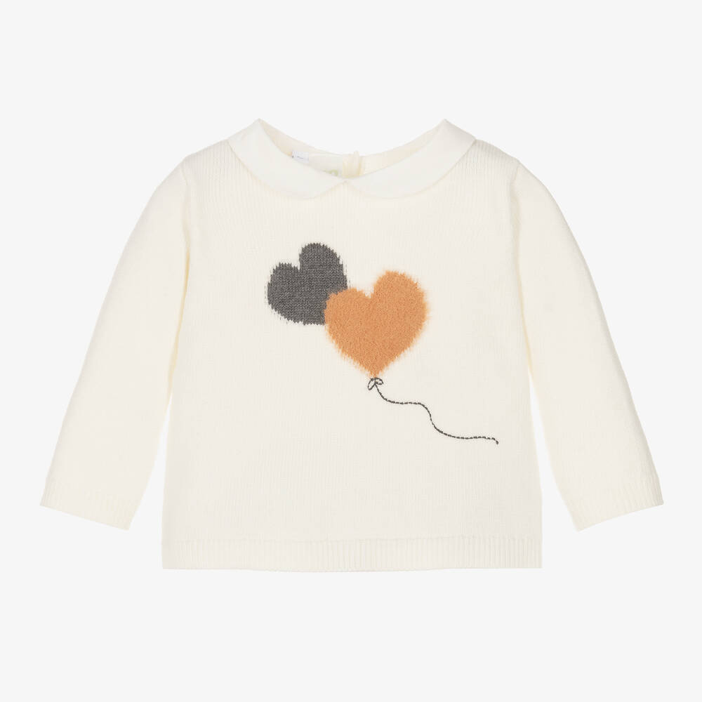 Ido Mini Baby Girls Ivory Heart Balloon Sweater