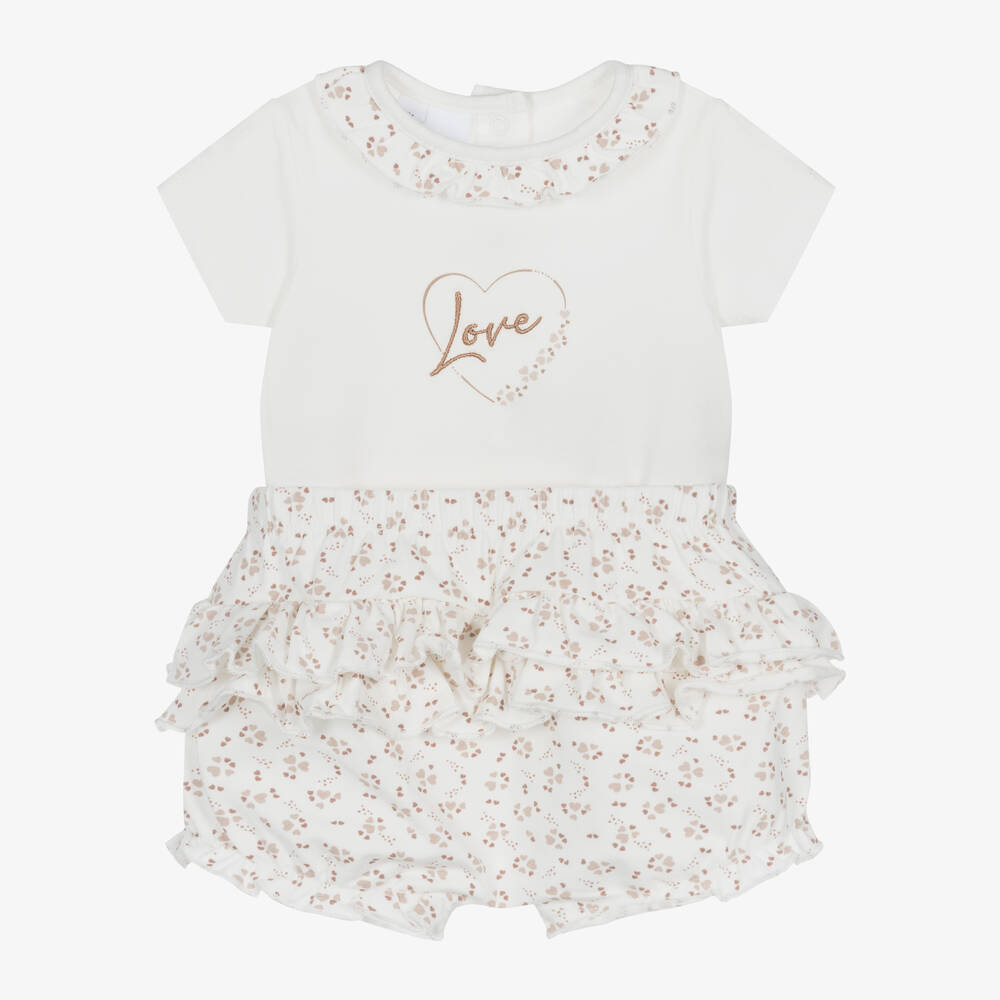iDO Mini - Baby Girls Ivory Heart Cotton Shorts Set | Childrensalon