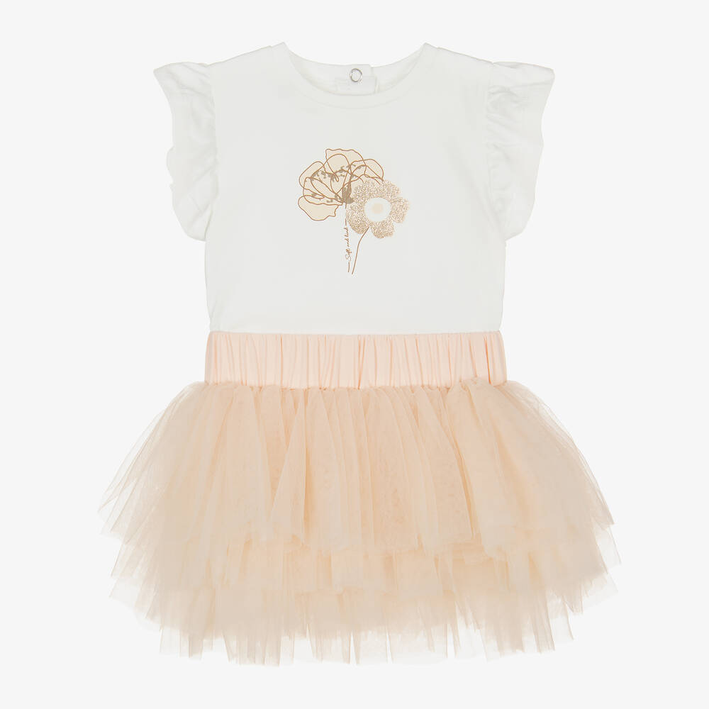 Ido Mini Baby Girls Pink & Ivory Tulle Skort Set