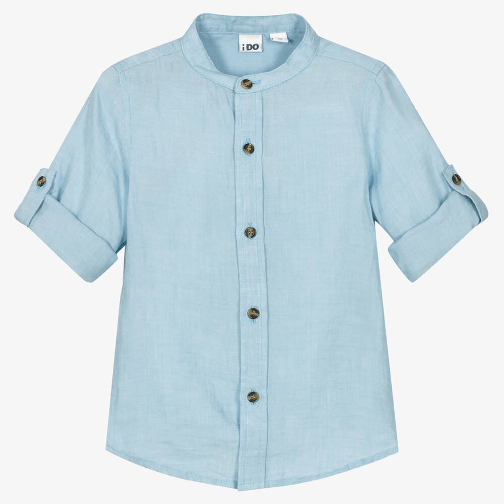Ido Baby Boys Blue Collarless Linen Shirt