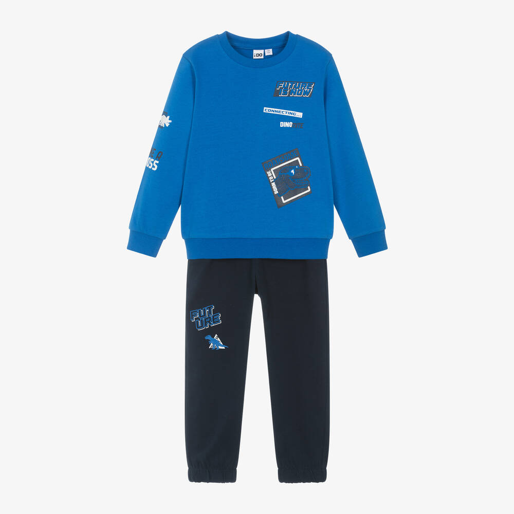 iDO Baby - Boys Blue Cotton Dinosaur Tracksuit | Childrensalon