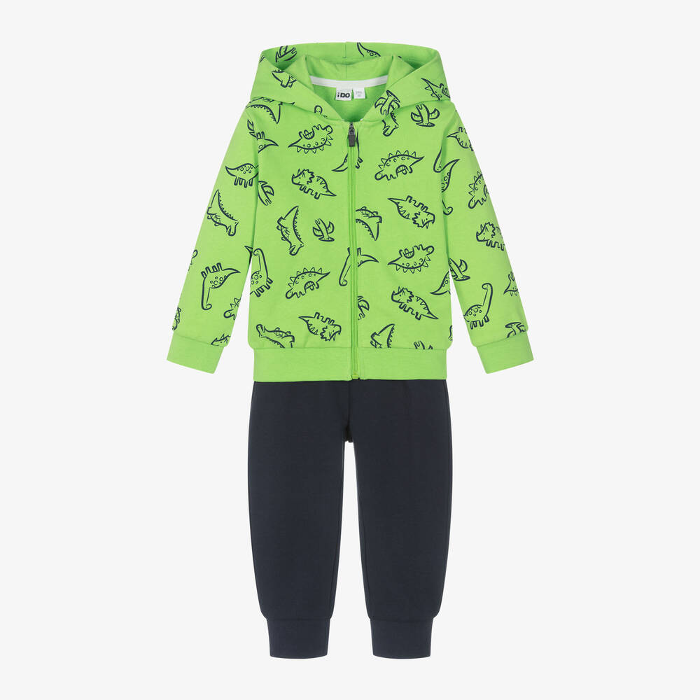 iDO Baby - Boys Green Dinosaur Print Cotton Tracksuit | Childrensalon