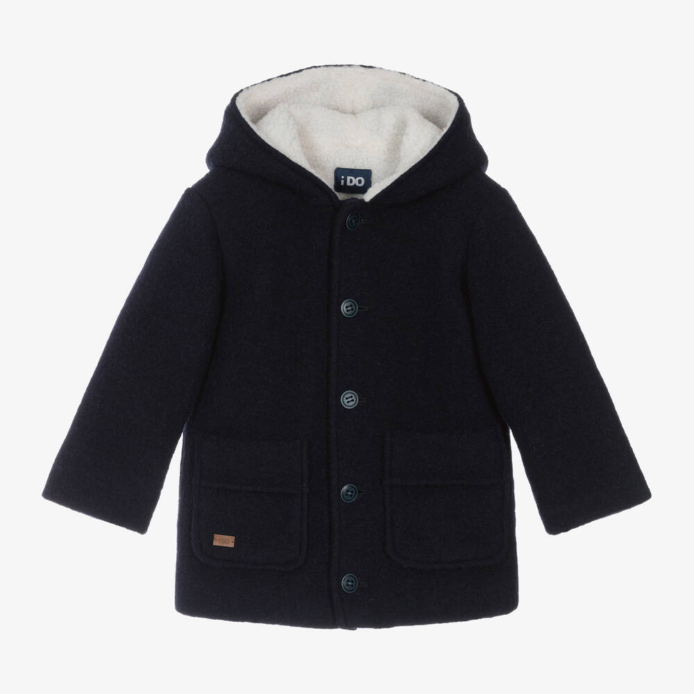 iDO Baby - Boys Navy Blue Hooded Wool Coat | Childrensalon