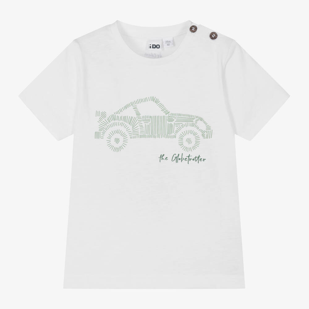 iDO Baby - Boys White Car Print Cotton T-Shirt | Childrensalon